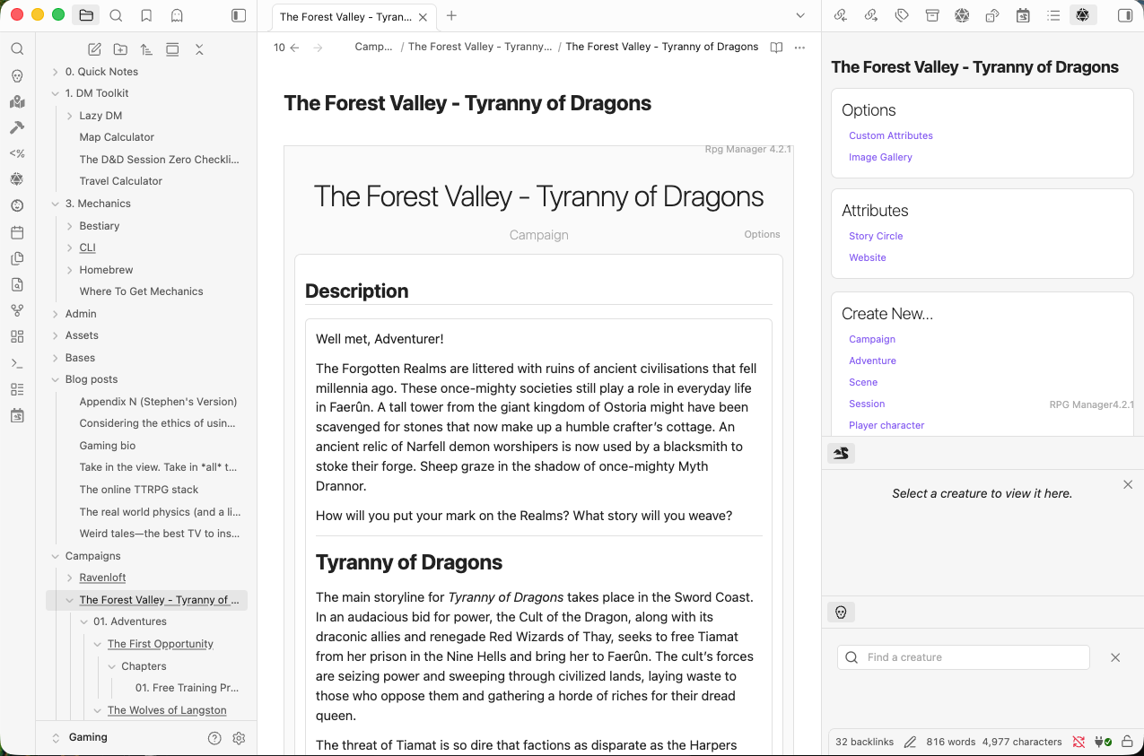 A screen capture of my Obsidian vault showing structure and page layout