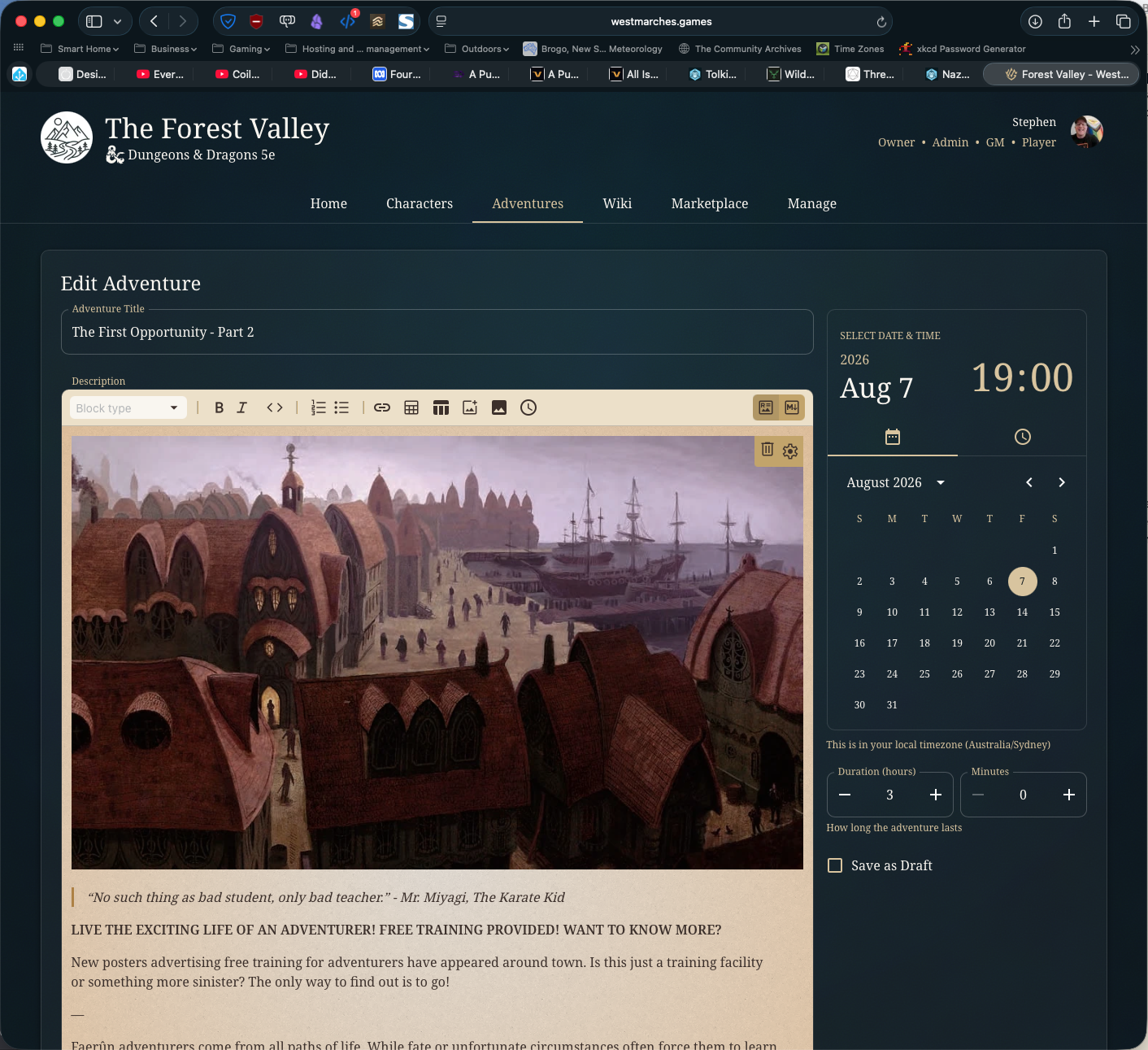 A screen grab from West Marches showing an adventure being scheduled.