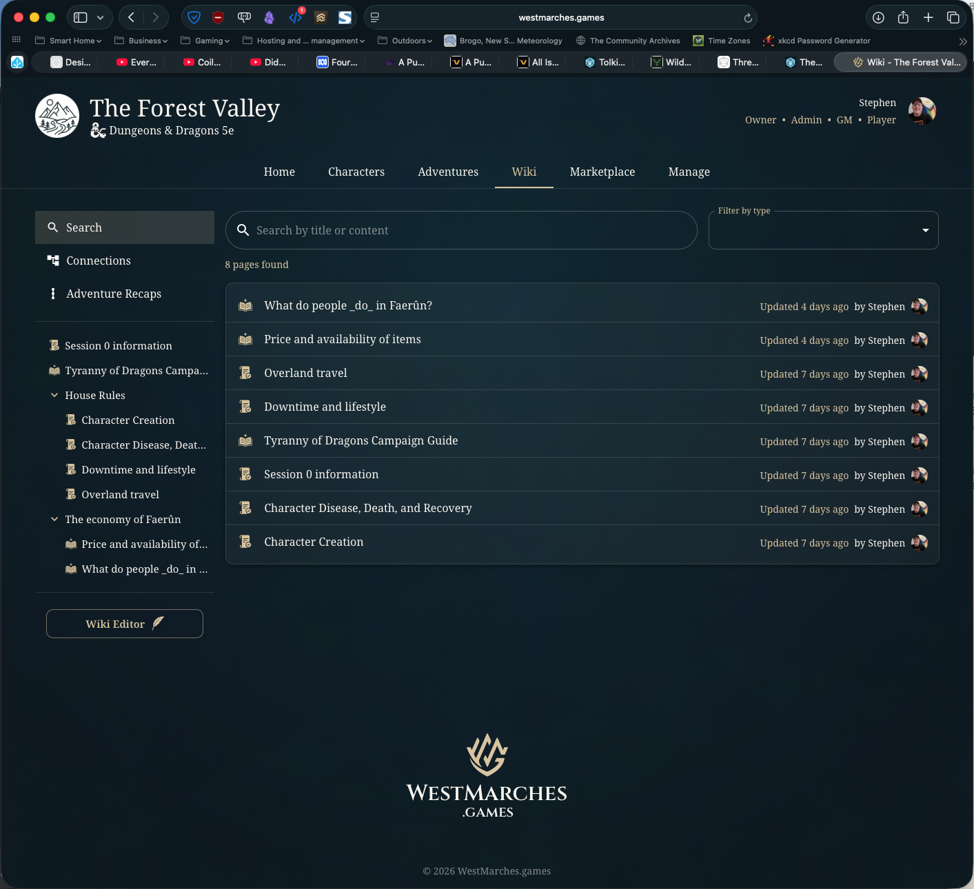 A screen grab from West Marches showing current wiki pages