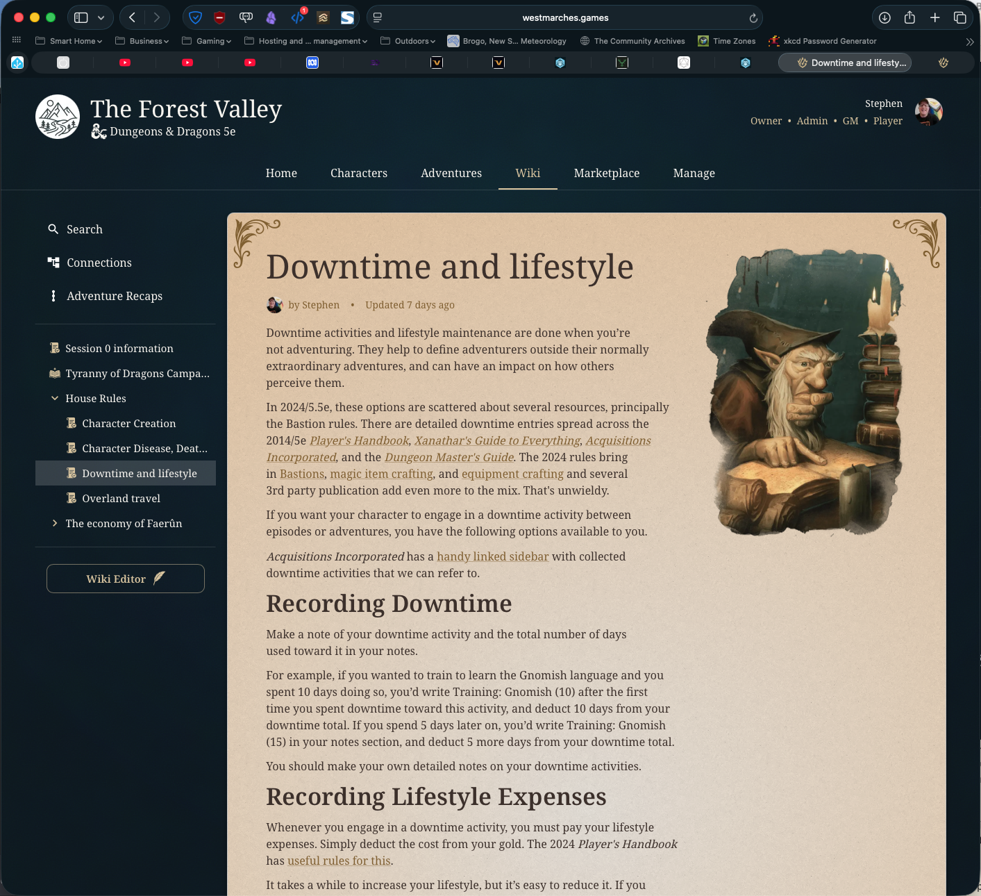 A screen grab from West Marches showing a wiki page.
