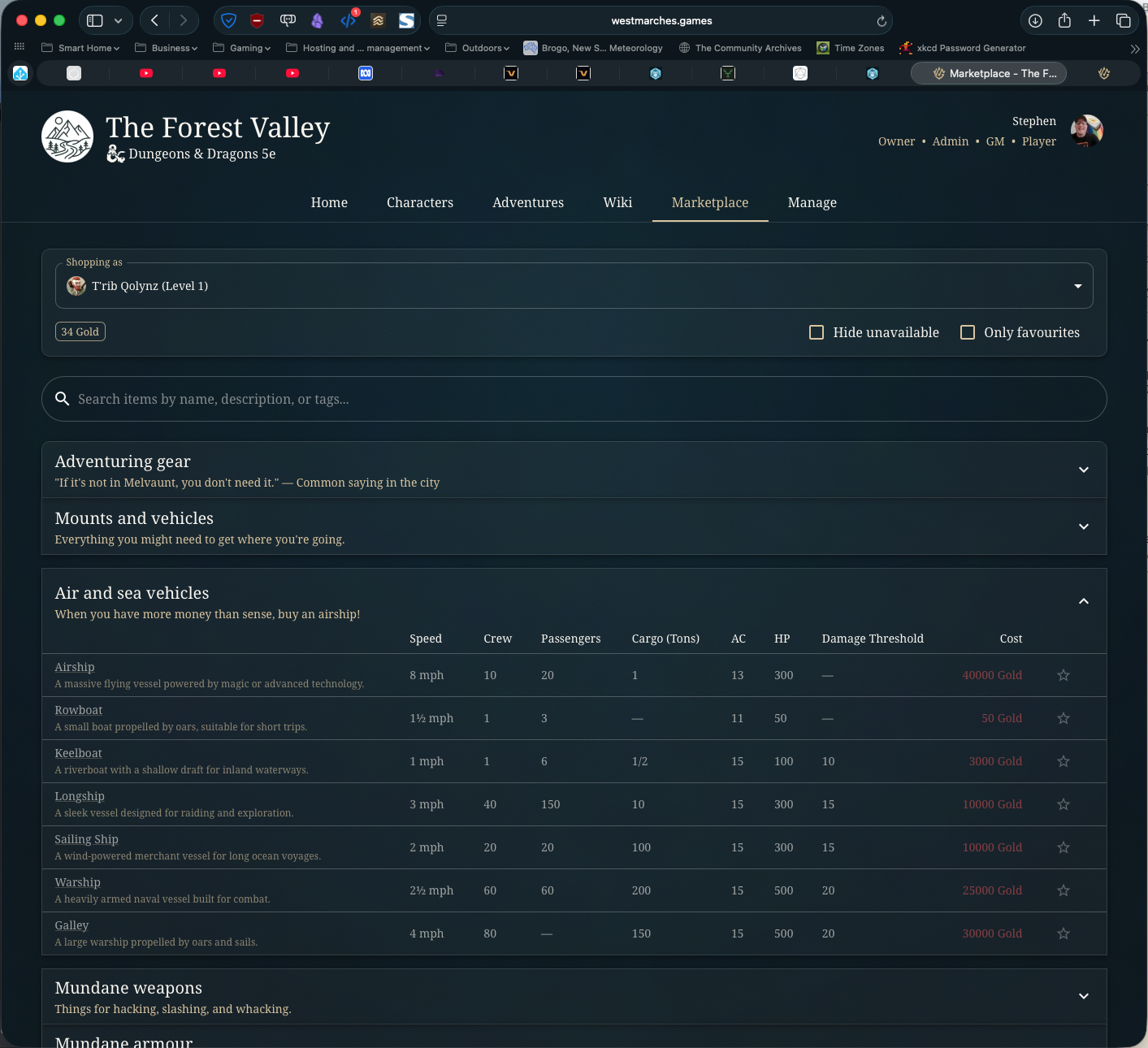 A screen grab from West Marches showing the in-game economy and marketplace.