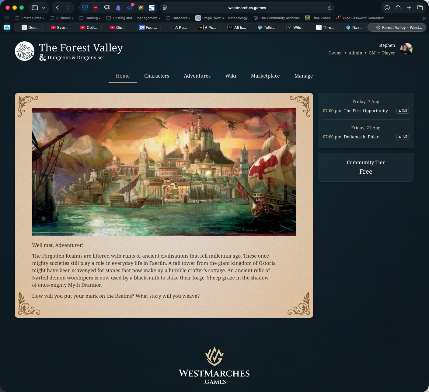 A screen shot from West Marches showing a campaign home page