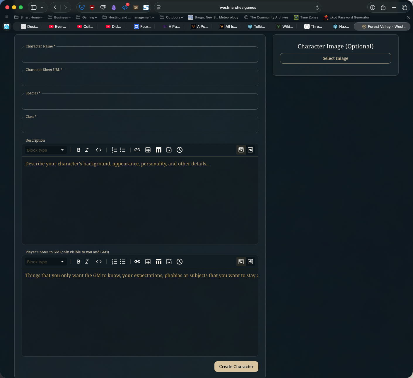 A screen grab from West Marches showing the character add screen.