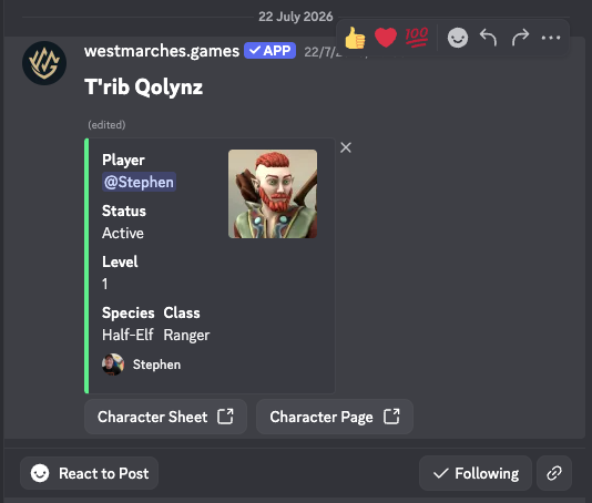 A screen grab from Discord showing a character that has been added to West Marches.