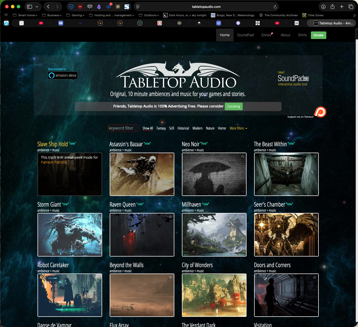 A screen grab from the Tabletop Audio website showing some of the many audio loops available.