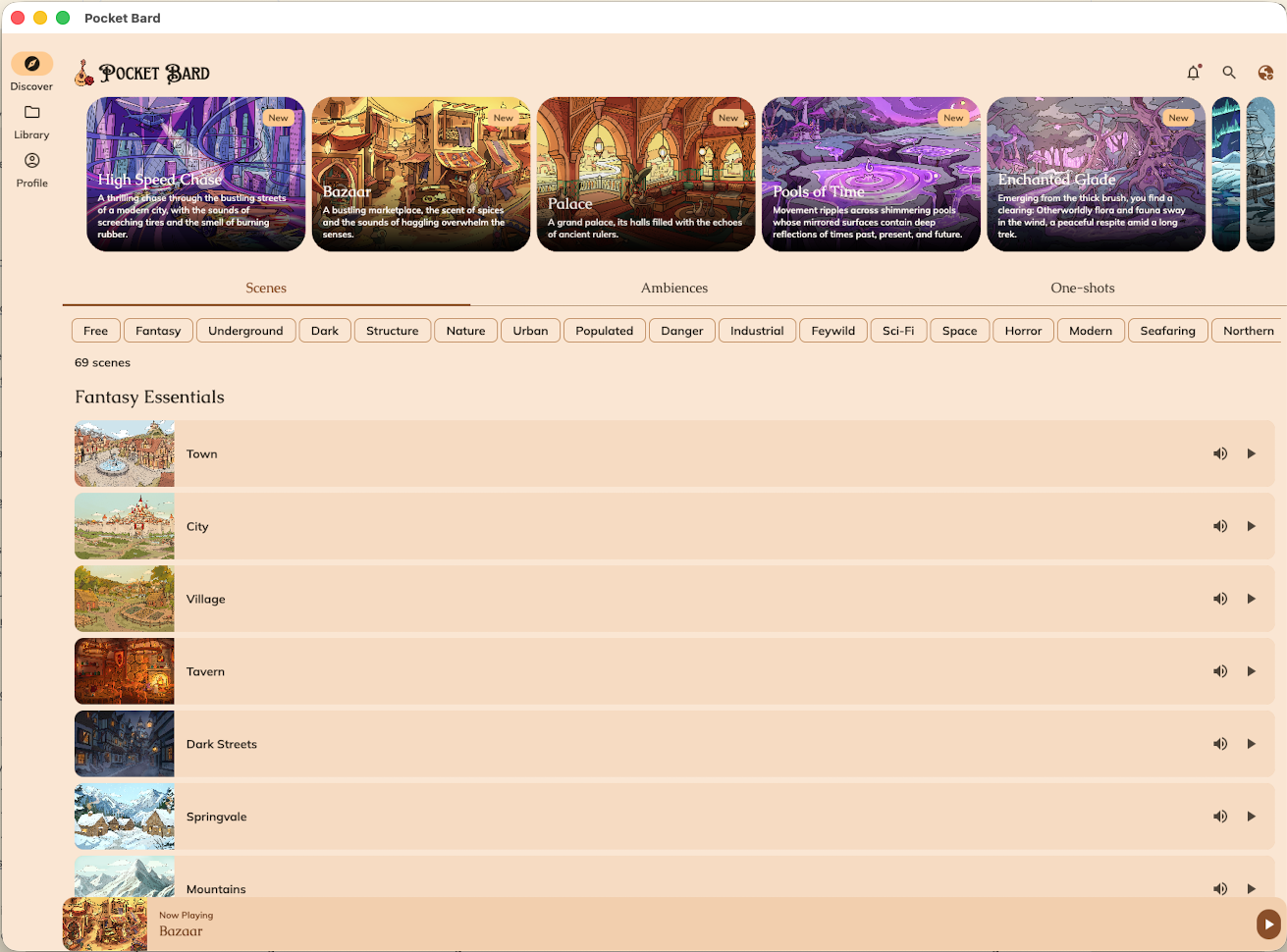 A screen grab from Pocket Bard showing many of the available soundscapes.