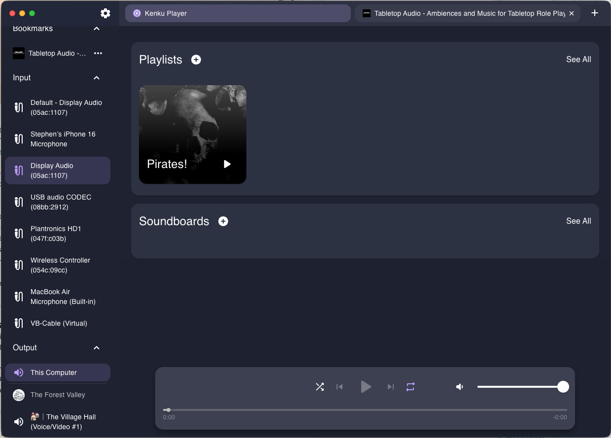 A screen grab showing the Kenku.fm main interface