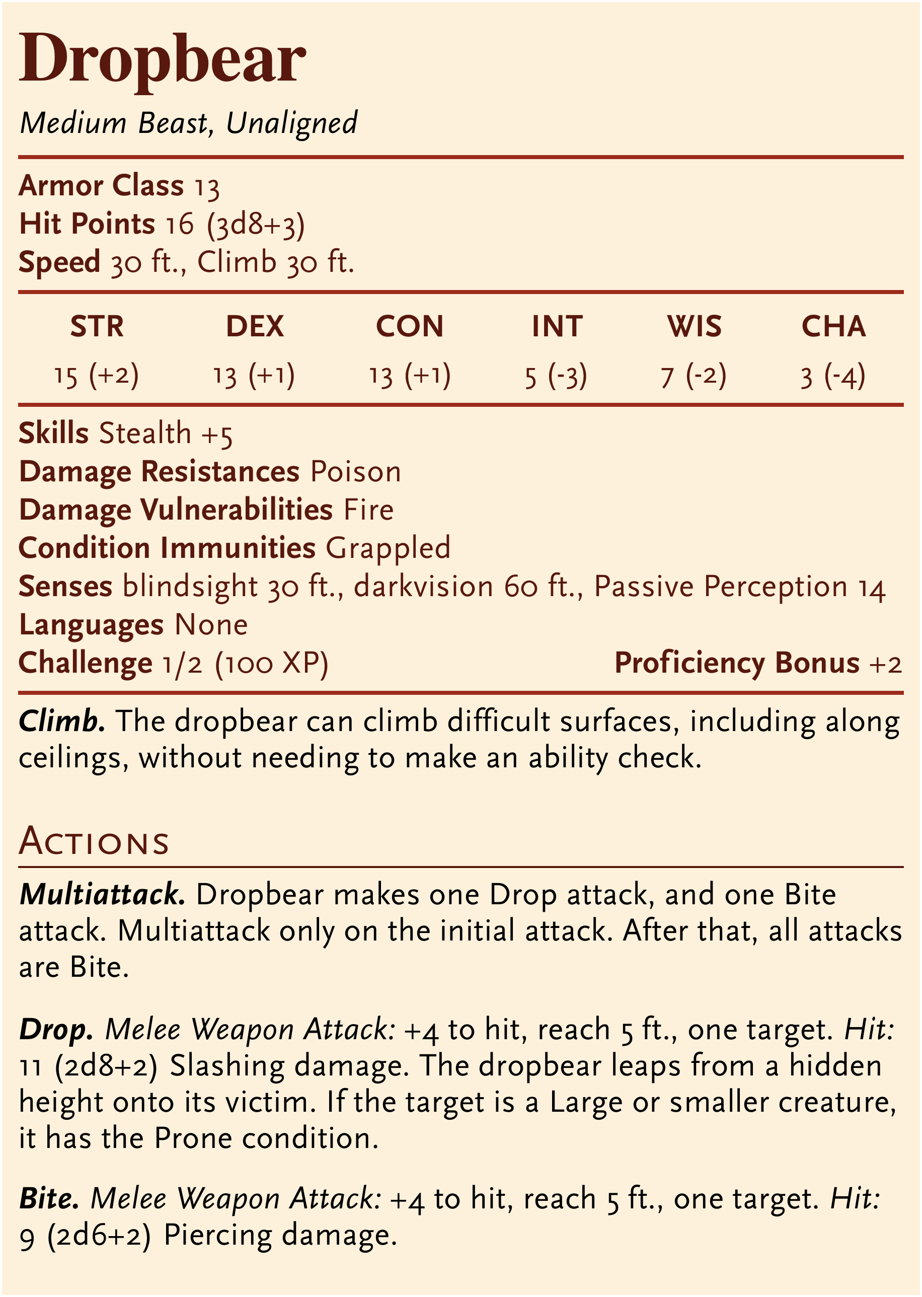 A stat block for the Dropbear in D&D 5e format