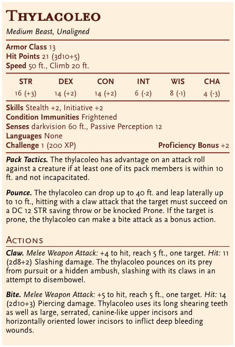 5e stat block for thylacoleo